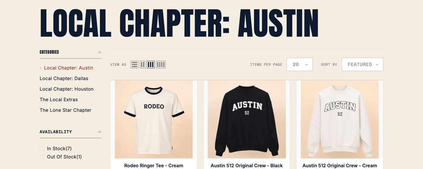Local Chapter Austin collection page showing Ella's product grid and filter sidebar in the brand skin