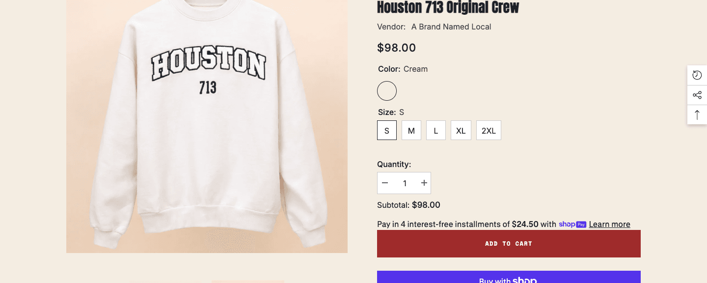 A Brand Named Local product page for the Houston 713 crew in the brand type stack