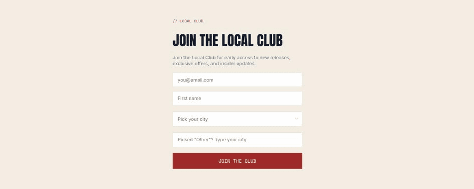 Published full-page Local Club signup form with a city dropdown