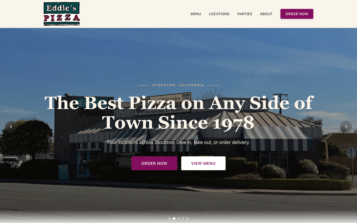Eddie's Pizza website homepage