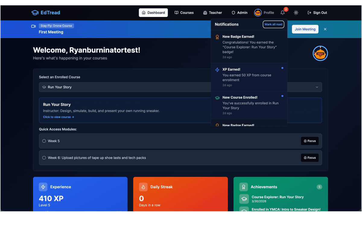 EdTread gamified learning dashboard