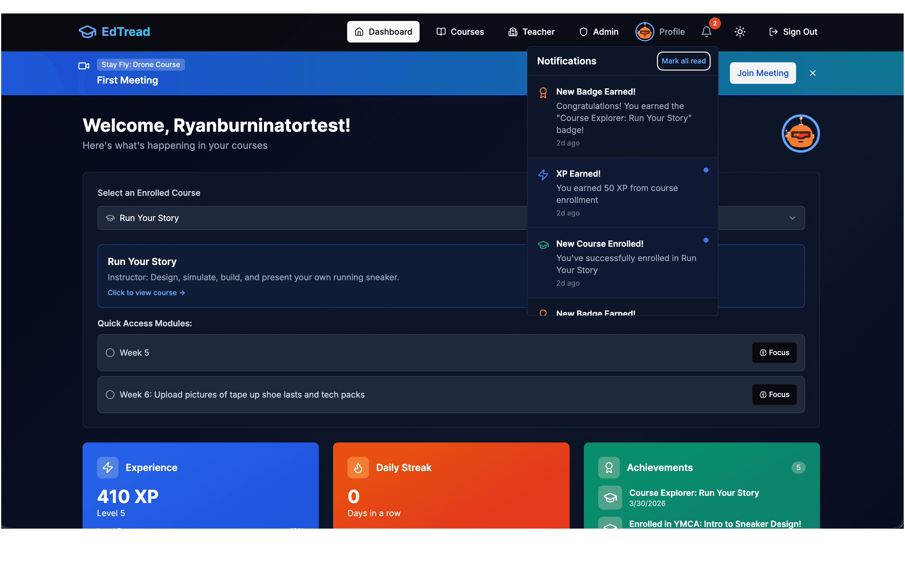 EdTread gamified learning dashboard with XP and badges