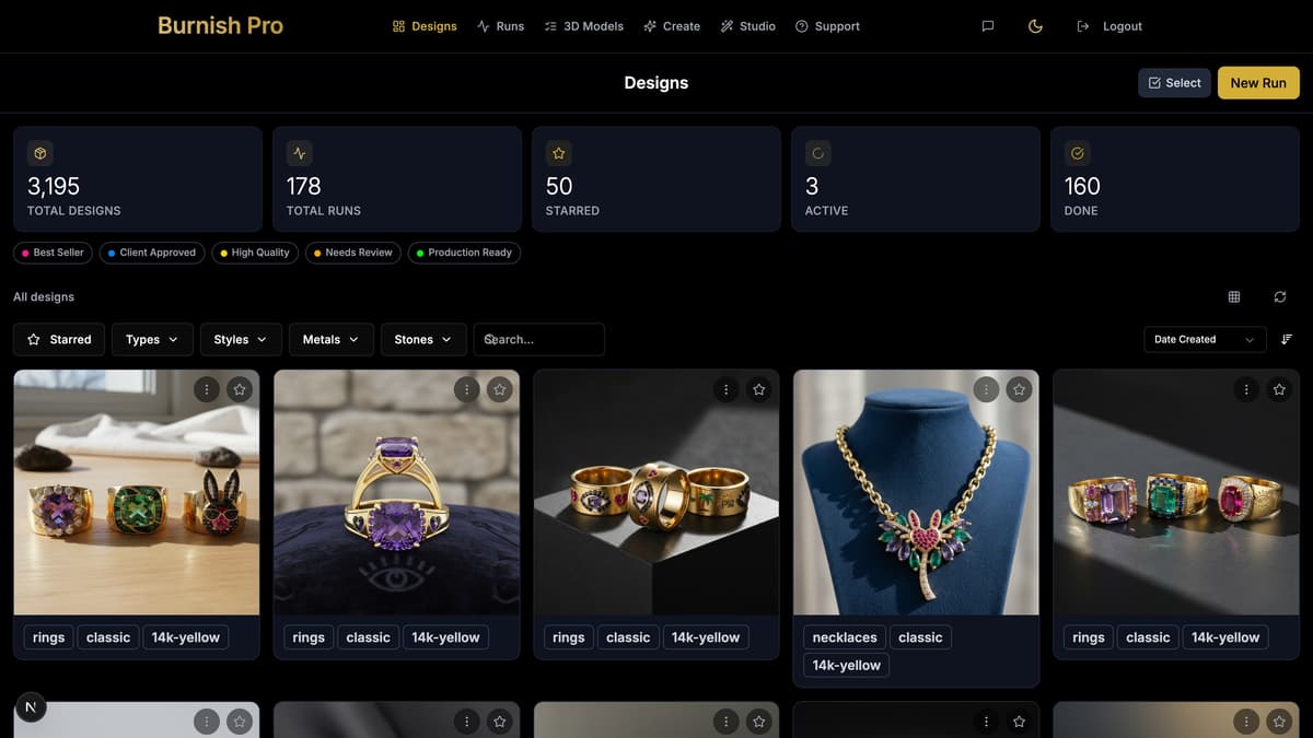 Burnish Pro design gallery with AI-generated jewelry